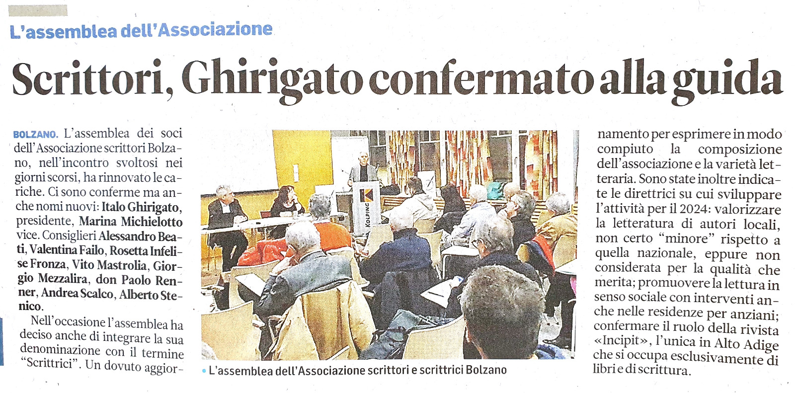 Articolo ALTO ADIGE - Assemblea elettiva ASB 23.01.2024